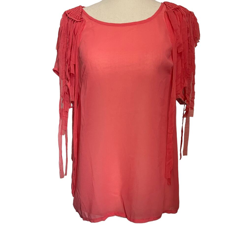 MAAC London Sheer Fringe Womens Top Sz L Y2K Festival Boho Coral Macrame Western